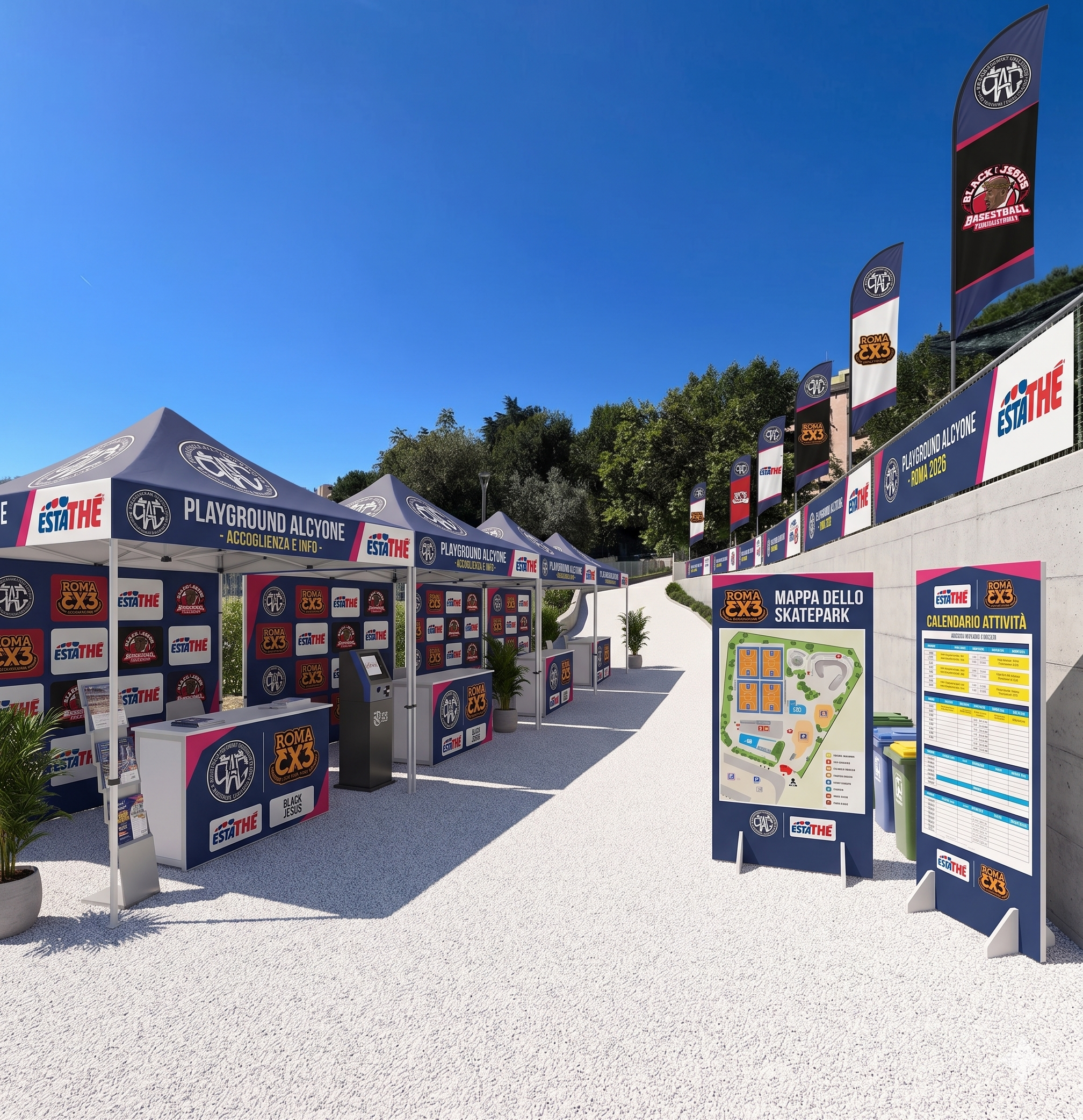 Area accoglienza e info — tende Playground Alcyone, mappa skatepark e calendario attività